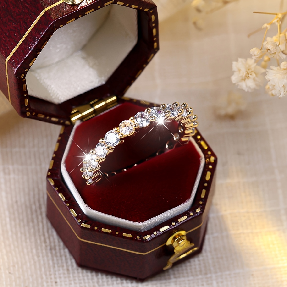 Golden Tone Copper Wedding Ring with Zirconia - Ideal Valentine's Gift